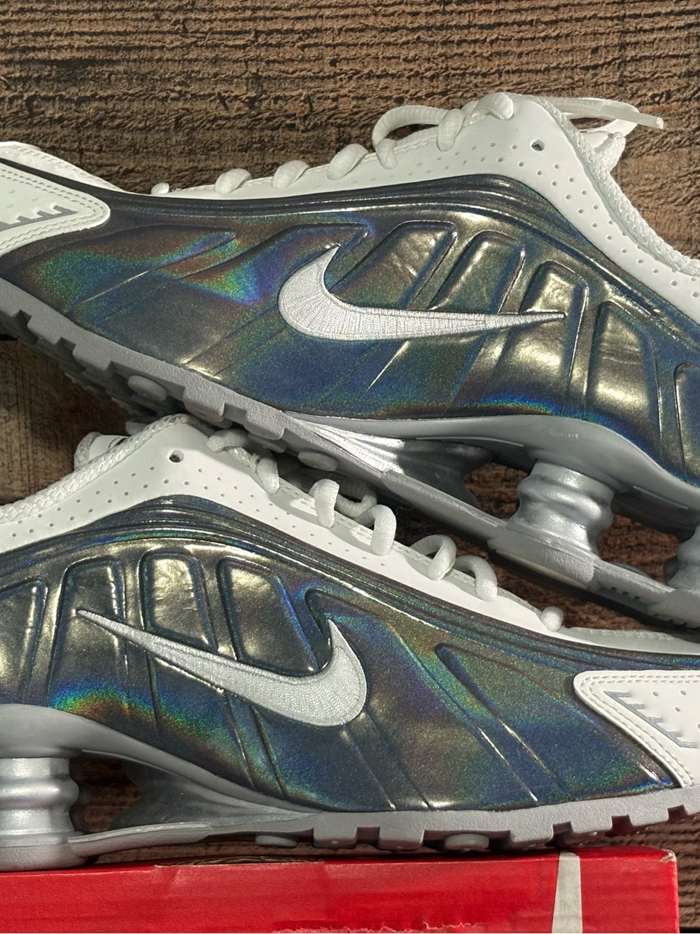 Nike Shox Iridescent Silver with White Swoosh youth 7, women’s 8.5